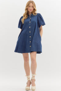 OLIVIA- dark wash Denim short bubble sleeve swing mini dress featuring accented gold buttons