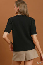 Load image into Gallery viewer, UMGEE black Scalloped pink trimmed Puff Sleeve Knit Sweater Top
