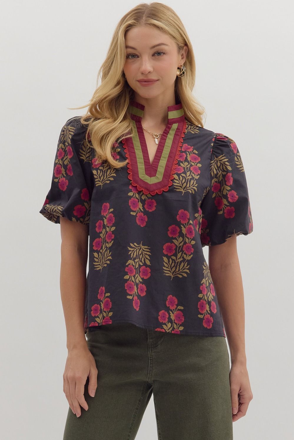 Botanical Garden- Floral print short bubble sleeve top