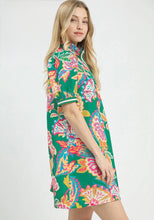 Load image into Gallery viewer, Emerald Jacquard Paisley Print Puff Sleeve Tunic Dress
