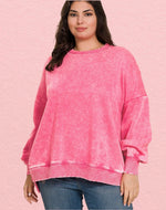 Curvy size Fleece lined washed pink sweatshirt with pockets