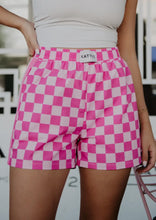 Load image into Gallery viewer, LILY- Pink checkered  brunch boxer shorts featuring a two tone stripe on side

