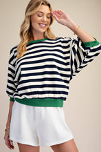 Load image into Gallery viewer, Navy- Round Neck Bubble Sleeve striped contrast hem Sweatshirt
