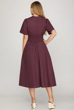 Load image into Gallery viewer, Zanine- Plum SHORT SLEEVE SMOCKED WAIST FRONT ZIP MIDI DRESS
