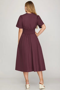 Zanine- Plum SHORT SLEEVE SMOCKED WAIST FRONT ZIP MIDI DRESS