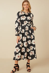 HAYDEN- Black Floral Midi length cinched cuff dress