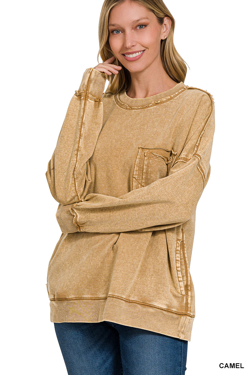 Marlow- Camel French Terry washed Rae edge pocket sweatshirt