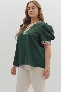 PLUS NALA - Hunter Green animal print pipping detail top