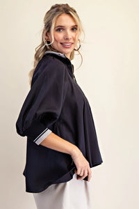 Ayla- Navy high half zip collar puff sleeve top