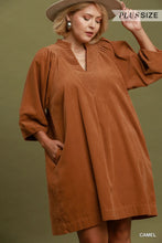 Load image into Gallery viewer, UMGEE Plus V neck camel shift dress with pockets
