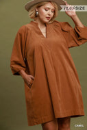 UMGEE Plus V neck camel shift dress with pockets