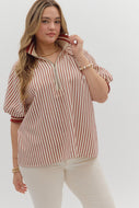 Plus Belle- Brick Stripe pattern half-zip closure short puff sleeve top