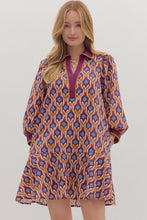 Load image into Gallery viewer, Maya- Wine Geometric print long puff sleeve mini dress
