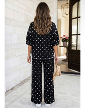 Load image into Gallery viewer, Black polka dot crewneck two piece wide leg pants set
