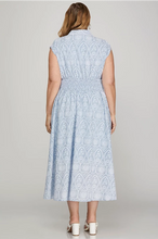 Load image into Gallery viewer, PLUS HARPER- Light blue embroidered print DROP SHOULDER SMOCKED WAIST FRONT ZIP MIDI DRESS WITH POCKETS
