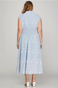 PLUS HARPER- Light blue embroidered print DROP SHOULDER SMOCKED WAIST FRONT ZIP MIDI DRESS WITH POCKETS