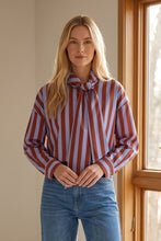 Load image into Gallery viewer, Bow neck striped button up top
