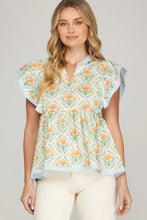Load image into Gallery viewer, Monaco- flutter sleeve blue and orange printed top
