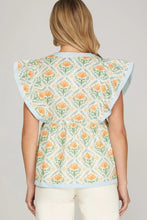 Load image into Gallery viewer, Monaco- flutter sleeve blue and orange printed top
