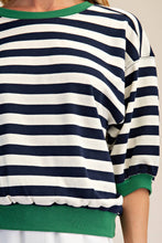 Load image into Gallery viewer, Navy- Round Neck Bubble Sleeve striped contrast hem Sweatshirt
