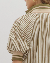 Load image into Gallery viewer, Belle- Olive Stripe pattern half-zip closure short puff sleeve top
