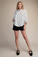 Relaxed fit black and white polka dot button up top