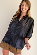 Load image into Gallery viewer, Vasia- Textured black silk stamped zip front top
