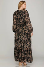 Load image into Gallery viewer, Plus Natalie- Long Sleeve Black woven Floral Print Maxi dress
