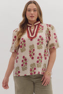 Plus Tara- Red Ecru Floral pattern contract neckline top