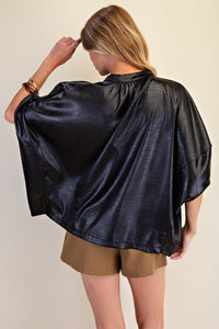 Vasia- Textured black silk stamped zip front top