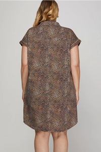 Plus JANET- Vintage Wash Leopard  button up collared shirt dress