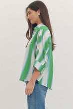Load image into Gallery viewer, Kelly Green/ baby blue Striped button down boxy top
