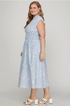 Load image into Gallery viewer, PLUS HARPER- Light blue embroidered print DROP SHOULDER SMOCKED WAIST FRONT ZIP MIDI DRESS WITH POCKETS
