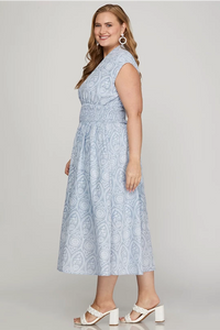 PLUS HARPER- Light blue embroidered print DROP SHOULDER SMOCKED WAIST FRONT ZIP MIDI DRESS WITH POCKETS