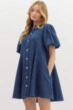 Load image into Gallery viewer, OLIVIA- dark wash Denim short bubble sleeve swing mini dress featuring accented gold buttons
