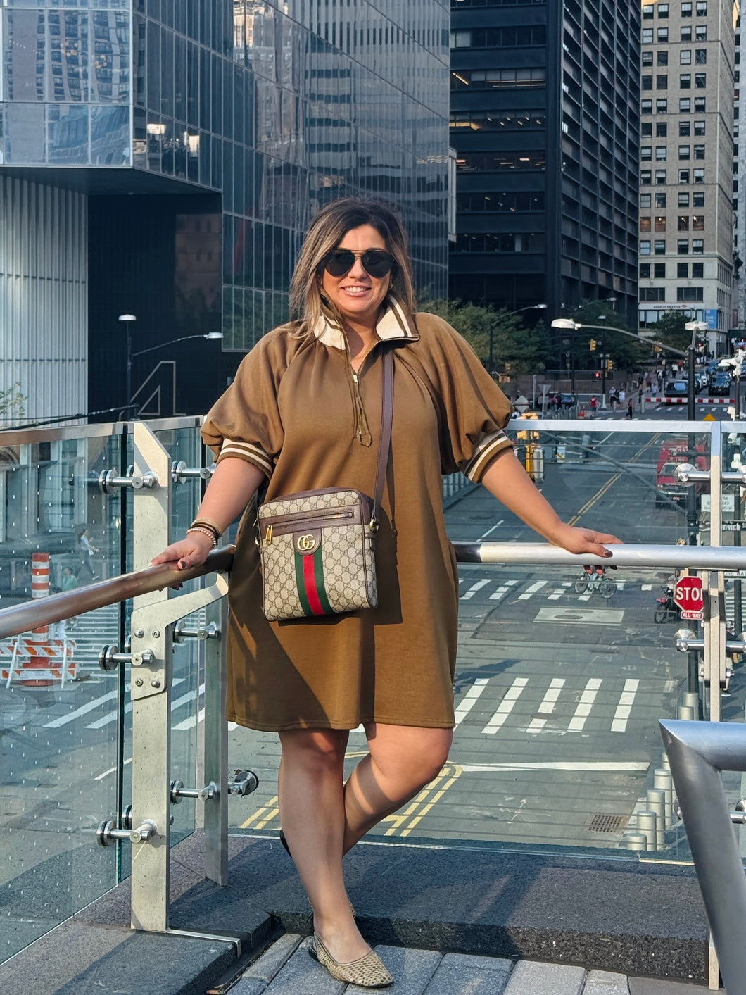 Plus Bethenny- Thick High Collared loose fit Olive dress with pockets