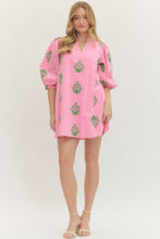 Load image into Gallery viewer, ENTRO- Pink/kelly green Embroidered puff sleeve mini dress
