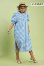 Load image into Gallery viewer, Plus blue Striped Puff Sleeve Midi Dress
