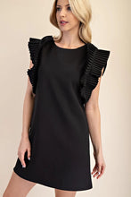 Load image into Gallery viewer, ANNA- Black pleated shoulder fully lined mini dress
