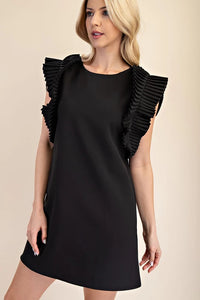 ANNA- Black pleated shoulder fully lined mini dress