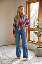 Load image into Gallery viewer, Bow neck striped button up top
