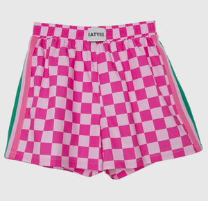 LILY- Pink checkered  brunch boxer shorts featuring a two tone stripe on side