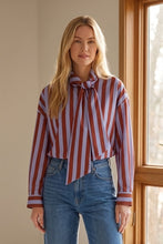 Load image into Gallery viewer, Bow neck striped button up top
