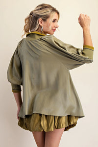 Ayla- Olive high half zip collar puff sleeve top