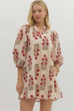 Load image into Gallery viewer, Tara- Red Ecru Floral pattern band Collar V neck dress
