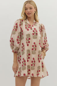 Tara- Red Ecru Floral pattern band Collar V neck dress