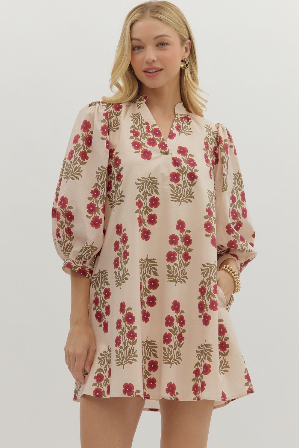 Tara- Red Ecru Floral pattern band Collar V neck dress