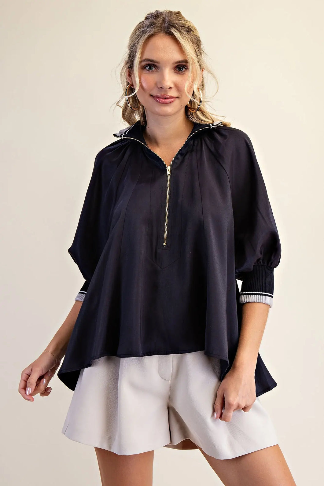 Ayla- Navy high half zip collar puff sleeve top