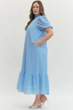 Load image into Gallery viewer, ENTRO- Plus size blue Eyelet short puff sleeve midi dress
