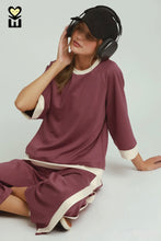 Load image into Gallery viewer, UMGEE -LUXEKNIT two piece wide leg coco Marsala/cream set
